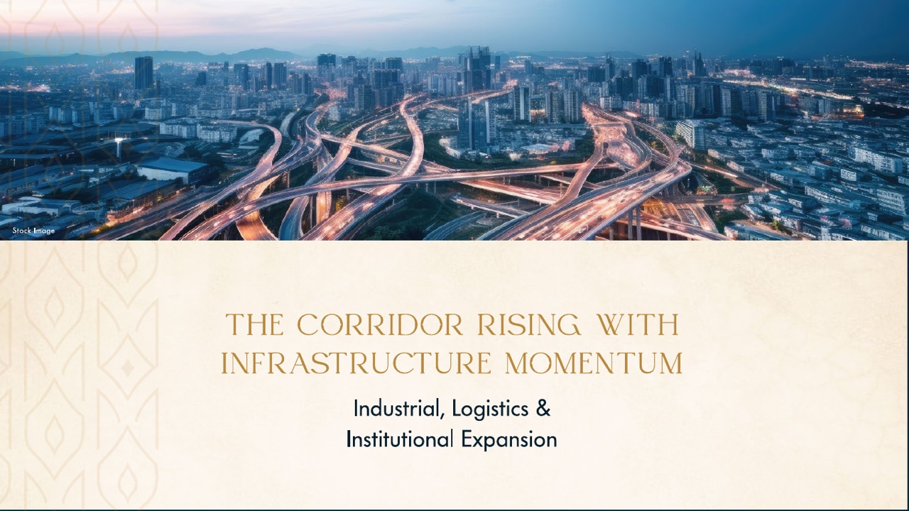 The Corridor Rising With Infrastructure Momentum — Gaur Alaris developer deck slide, aerial interchange over the caption Industrial, Logistics & Institutional Expansion (stock image as marked on the slide)