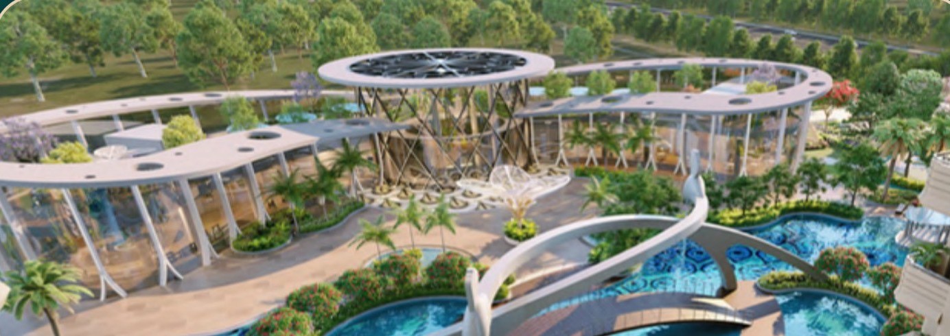 Aerial render of the Gaur Alaris clubhouse pool deck, landscaped greens and tower podium — Gaurs branding on frame