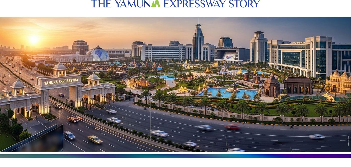 Yamuna Expressway corridor development graphic titled The Yamuna Expressway Story — artistic reference image, general corridor branding